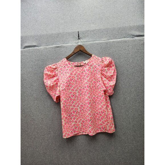 Floral Pink Puff Sleeve Blouse L TCEC 100% Polyester Womens Top - Picture 1 of 6